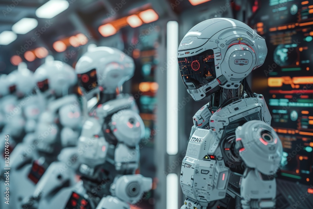 Poster group of robots are standing in room with futuristic look. robots are all white and have robotic app