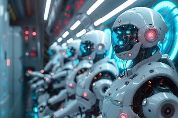 A group of robots are standing in a room with blue lights. The robots are all white and have blue helmets. Scene is futuristic and technological. team of AI-powered robots conducting maintenance