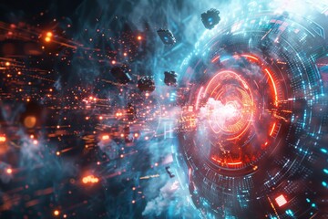 Obraz premium A bright blue and red space with a glowing red circle in the center. The circle is surrounded by a lot of debris and the background is filled with bright lights. Scene is intense and chaotic