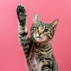 Cute tabby cat raises paw against a pink background