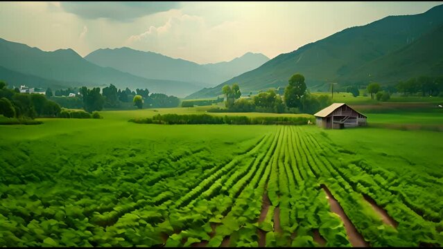 Green plants surround a shack in the middle of a field.