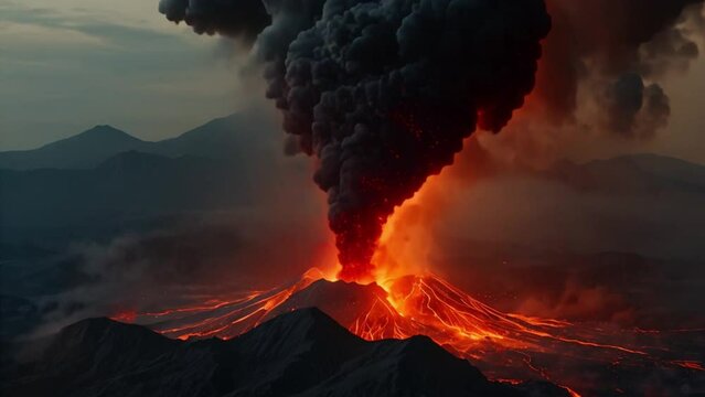 view of Mount Merapi erupting at night