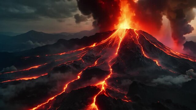 view of Mount Merapi erupting at night