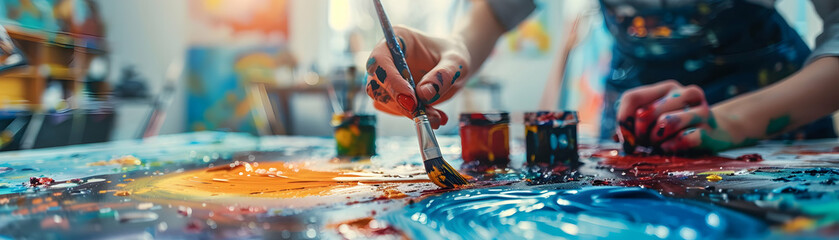 Photo realistic concept of friends painting together in a studio, symbolizing the creativity, fun, and bonding experiences of shared artistic activities