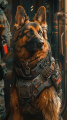 A German Shepherd wearing a tactical vest stands alert in a futuristic, industrial setting, ready for action or mission. Brave and loyal companion.