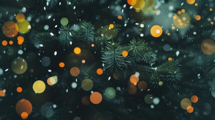 Twinkling Bokeh Lights on Festive Pine Branches