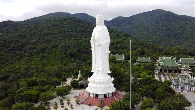 Aerial shot of the so-called Lady Buddha in the city of Danang. Tourist destination in central Vietnam. Travel to Vietnam concept