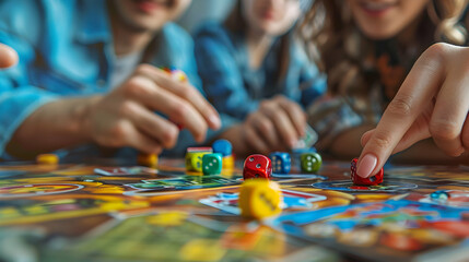 Friends playing board games around a table capturing the joy and camaraderie of friendly competition   Photo realistic concept