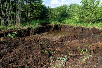 Excavating peat from marshy swamps, visible hole with groundwater.