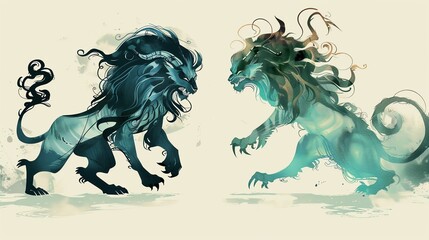Chimera flat design side view theme legendary beasts water color Monochromatic Color Scheme