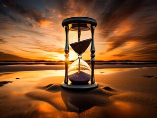 An hourglass on the beach during sunset, symbolizing the passage of time with vibrant colors and a serene landscape.