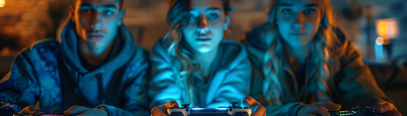 Immersive Photo Realistic Friends Playing Video Games Together, Showcasing Excitement and Bonding Experiences of Gaming with Friends Stock Photo Concept