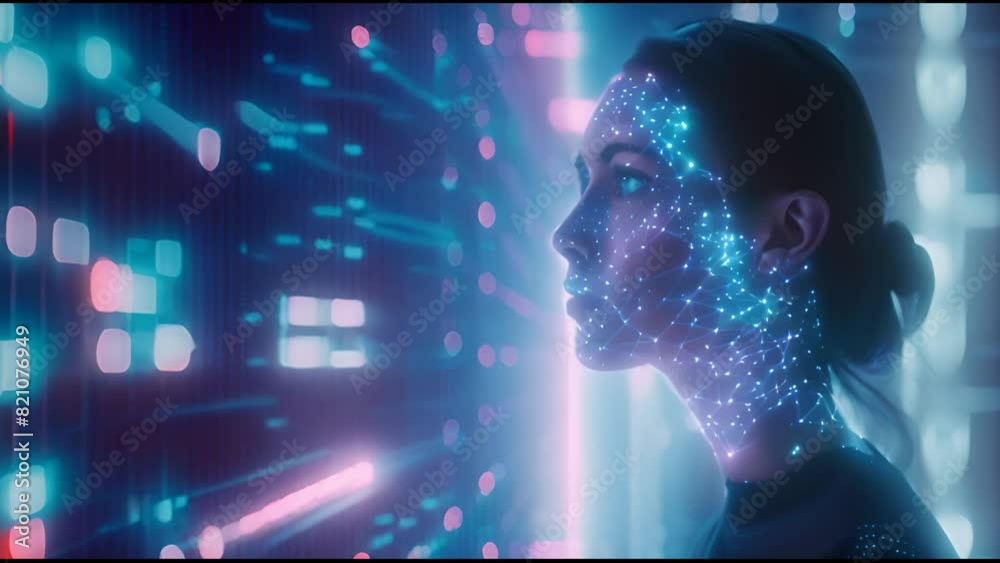 Poster Animated big data matrix with AI artificial intelligence using a business woman's mind Animation big data processing with science Generative Technology commands, prompts