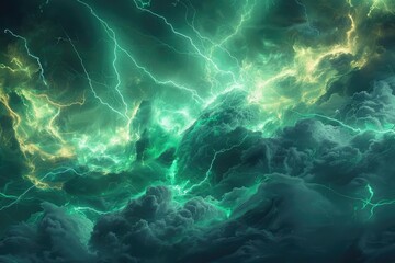 Obraz premium Dramatic lightning storm in dark, turbulent clouds with bright green and yellow electric streaks lighting up the night sky. Powerful and awe-inspiring scene