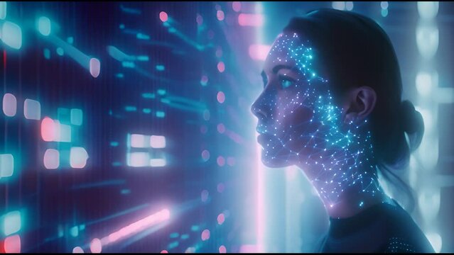 Animated big data matrix with AI artificial intelligence using a business woman's mind Animation big data processing with science Generative Technology commands, prompts