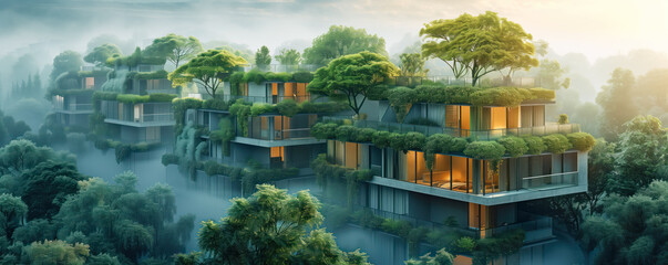 Obraz premium Futuristic cityscape of the town with skyscrapers and greenery everywhere. Sustainable lifestyle concept.