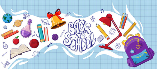 Naklejka premium Back to school design concept with popular school supplies levitating above backpack, hand drawn doodles on the background of a checkered paper.