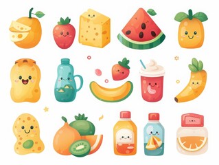 Fototapeta premium Cute cartoon food and drink characters such as fruits, smoothies, juices, and dairy products with cheerful faces for kids and playful designs.