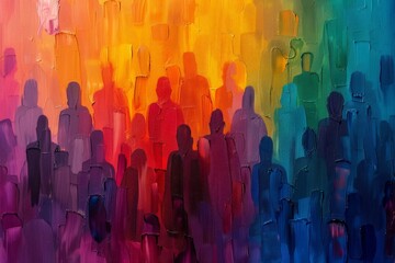 Abstract painting featuring silhouettes of people against a vibrant gradient background, blending warm and cool tones in a dynamic composition.
