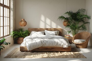 Minimalist bedroom interior mockup with a wooden bed, white wall and rattan armchair in the style of boho style.