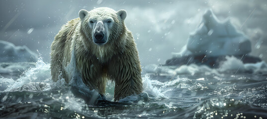 Polar bear surrounded by ocean waves, melting icebergs and arctic environment. Symbol of climate change, global warming. Icebears at risk of starvation as arctic ice sheets melt.