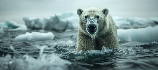 Polar bear surrounded by ocean waves, melting icebergs and arctic environment. Symbol of climate change, global warming. Icebears at risk of starvation as arctic ice sheets melt.