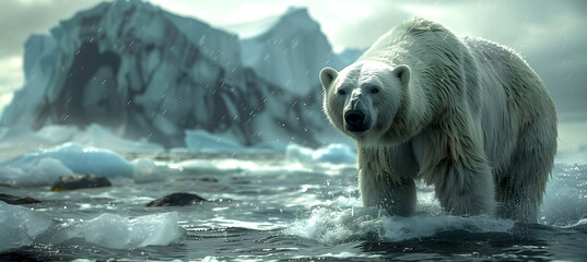 Polar bear surrounded by ocean waves, melting icebergs and arctic environment. Symbol of climate change, global warming. Icebears at risk of starvation as arctic ice sheets melt.