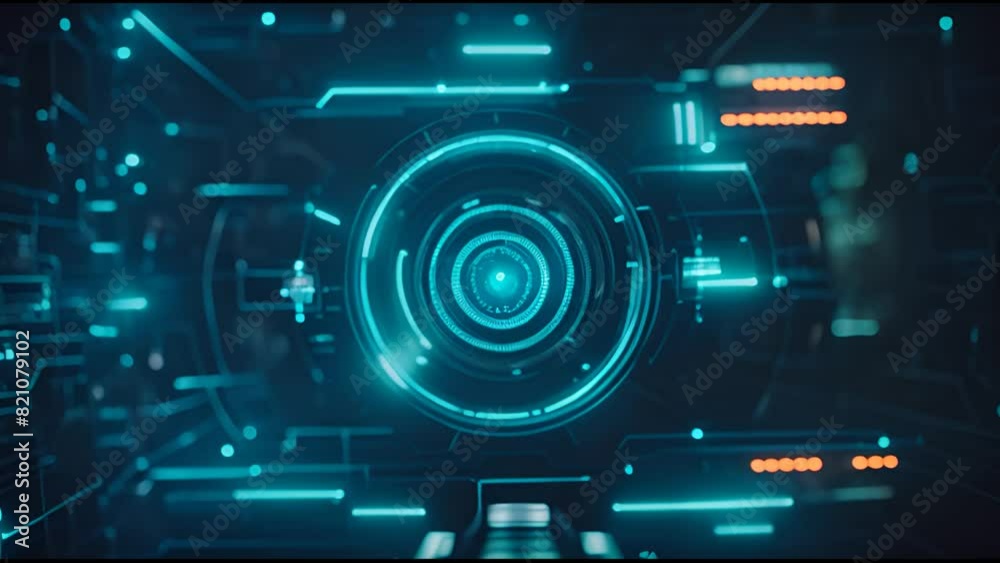 Poster A motion graphic of a blue color sonar radar screen searching an object against a futuristic interface screen and chat panel abstract background shows futuristic head up display technology.