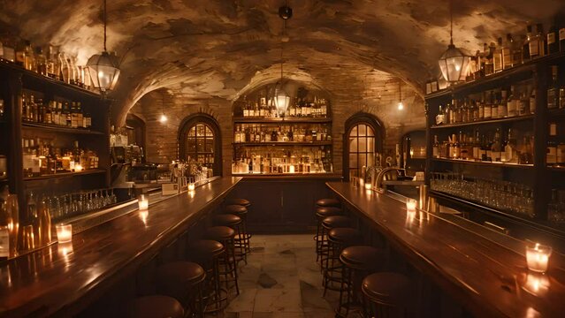 This bar with numerous bottles stacked in a dark cave setting.