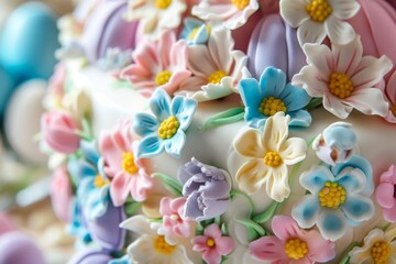 Indulge in the exquisite beauty of a meticulously crafted Easter cake adorned with intricate sugar flowers.