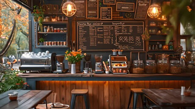 This Interior of a coffee shop with a large chalkboard on the wall, showcasing the menu items.