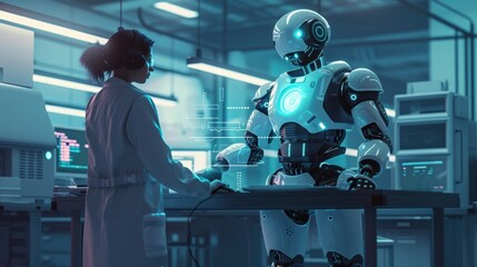 AI and Robotics: Create a scene in a tech lab with advanced robots and AI systems working alongside humans, emphasizing innovation and the future of technology.
