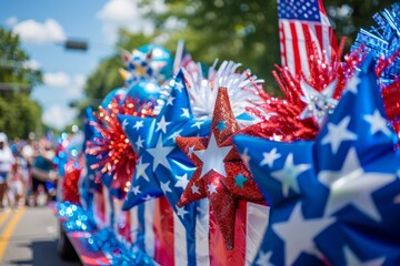 A dazzling close-up of a meticulously decorated Fourth of July parade float, adorned with vibrant red, white, and blue hues, exuding patriotic fervor.