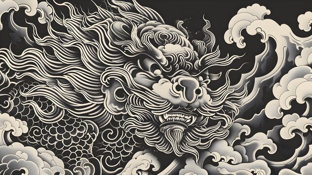 Traditional Japanese Foo Dog A Monochromatic Mythological Protector