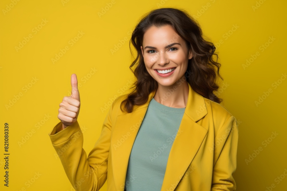 Wall mural Portrait of a cheerful woman in her 30s showing a thumb up isolated on solid color backdrop - Wall murals