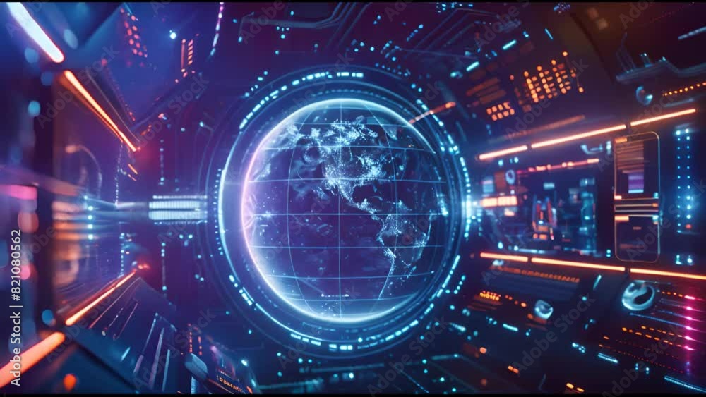 Poster An orbital global network 3D rendering motion graphic is presented in a futuristic VR head-up display with circle abstracts and big data analytics in digital GUI.