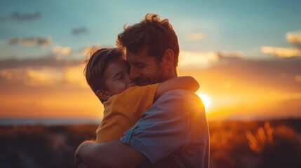 father and son hugging at sunset