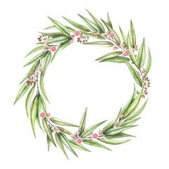 Watercolor hand drawn wreath with eucalyptus leaves, branches and flowers. Floral frame for wedding invitations, greeting cards, save the date