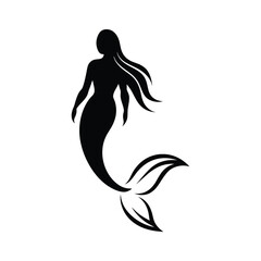 Silhouette of Beautiful Mermaid with Long Tail Vector illustration. Mermaid princess woman silhouette. Girls with fins underwater. Fish.