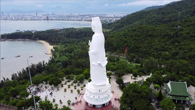 Aerial shot of the so-called Lady Buddha in the city of Danang. Tourist destination in central Vietnam. Travel to Vietnam concept