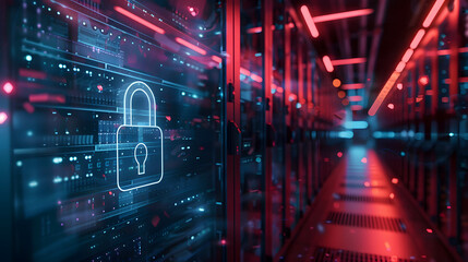 Obraz premium Server racks or data cloud center with digital lock overlay, indicating server security, digital data or information in online
