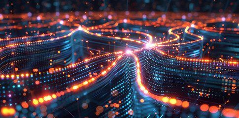 Obraz premium Futuristic neural network visualized with glowing synapses and active data paths, representing thought processing in AI brains