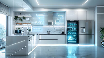 Futuristic Kitchen with Smart Energy Efficient Appliances in Sustainable Living Concept