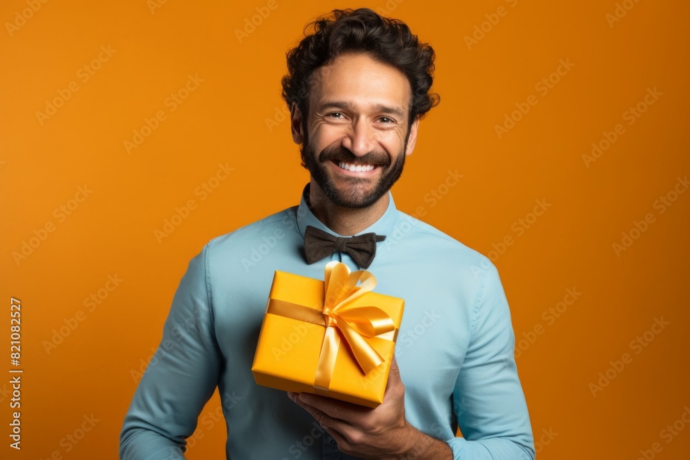 Wall mural Portrait of a happy man in his 30s holding a gift in front of solid color backdrop - Wall murals