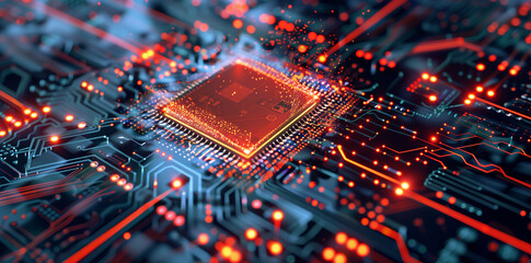 Obraz premium A quantum processor chip visualized with superconducting circuits and subatomic particles in motion