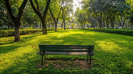 Fototapeta premium Solitude Oasis: A Park Bench Nestled Amidst Verdant Greenery
