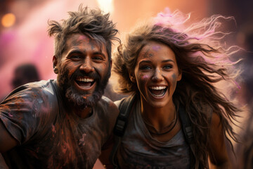 Happy couple in casual clothes celebrating Holi party in daylight