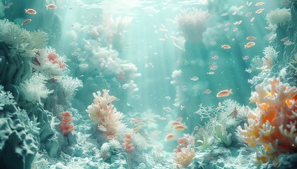 Naklejka premium Underwater fantasy world shot of a pasteltoned 3D aquatic realm with fantastical sea creatures, close up, marine dream theme, whimsical, Manipulation, imaginary ocean