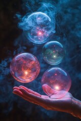 Obraz premium Pastel spheres float above a hand in a mystical blue scene, radiating otherworldly magic. Periwinkle, pink, and lime colors shine.