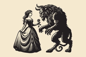The beauty and the Beast. Fairy tale. Black vintage vector engraving illustration, isolated object